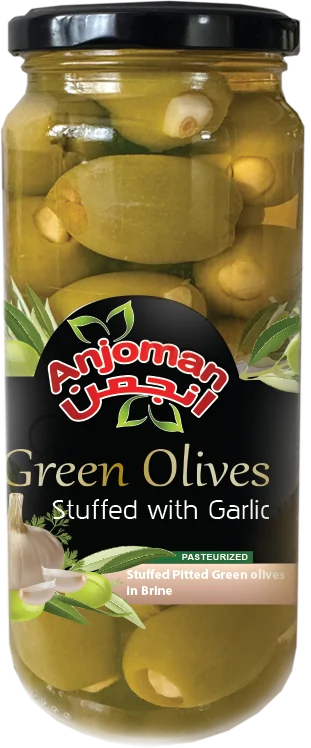 Jar of green olives stuffed with garlic